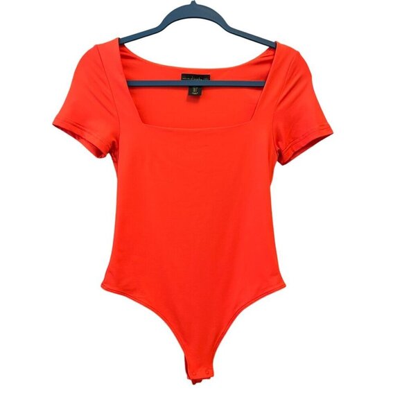 House of Harlow 1960 Lux Essentials Orange Bodysuit | Short Sleeve Square Neck - Picture 3 of 7